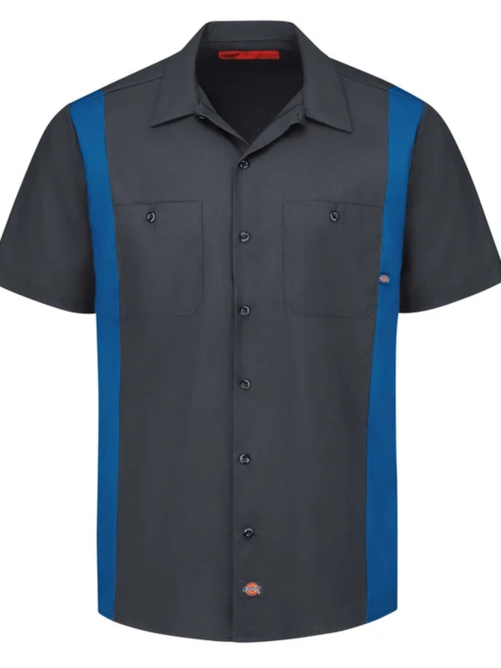 Dickies Men’s Short Sleeve Button-Down Shirt — Charcoal with Blue Panels